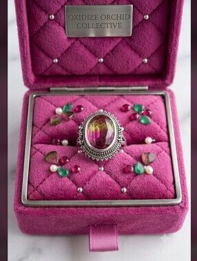 Brand New Sunset Ombré Statement Ring - Size 8.5 - Silver Plated Boho Filigree